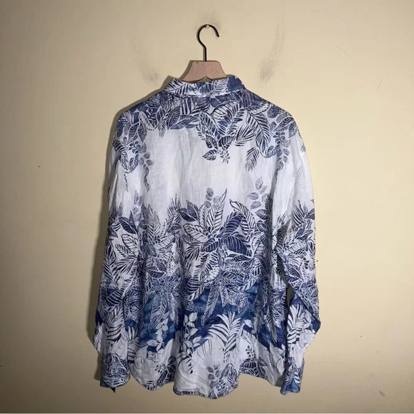 TOMMY BAHAMA 100% linen Navy and Cream Leaf Print Shirt XLT - Picture 5 of 5